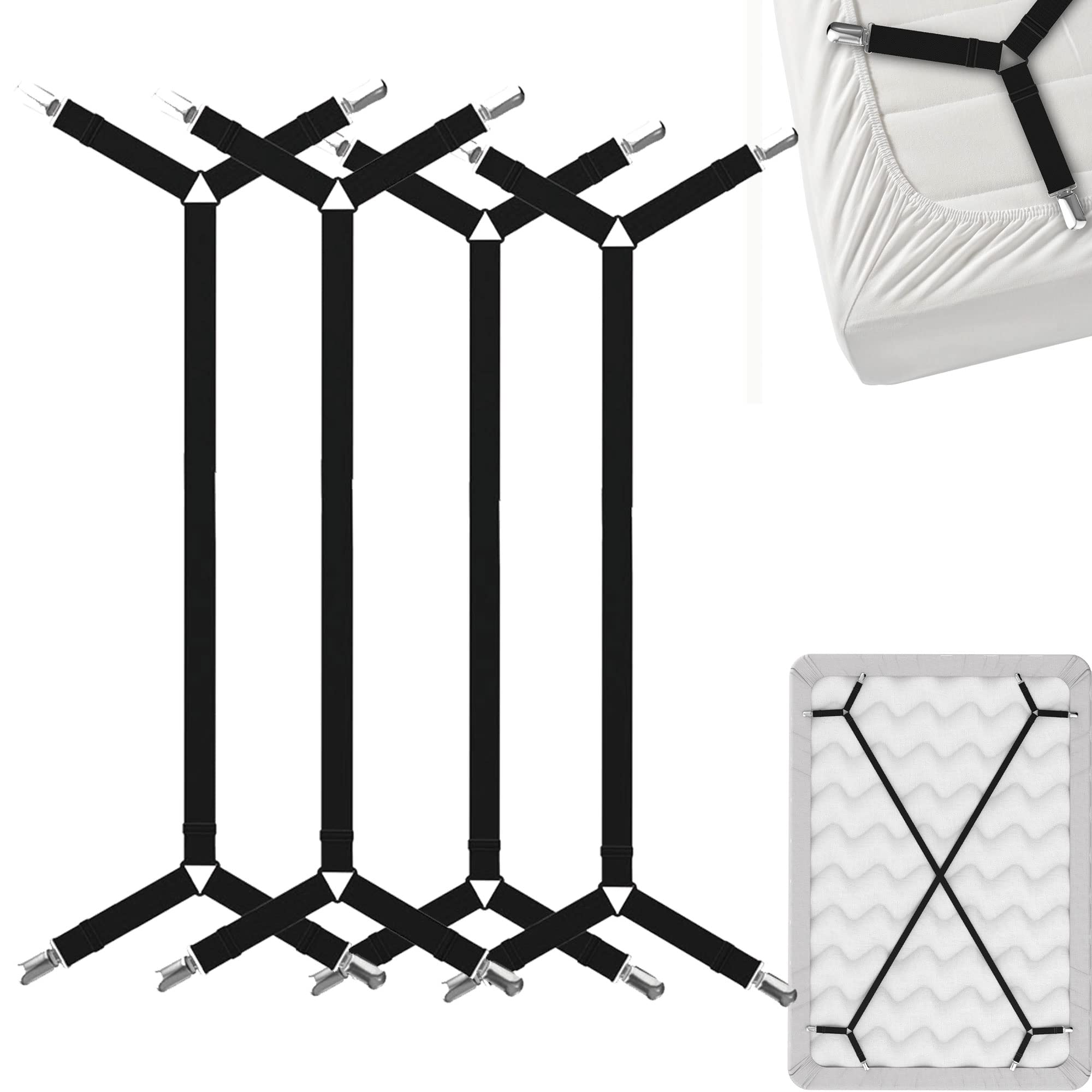 FeelAtHome Bed Sheet Holder Straps – Criss-Cross Suspenders Keep Fitted or Flat Sheets in Place for Twin, Queen & King Mattresses