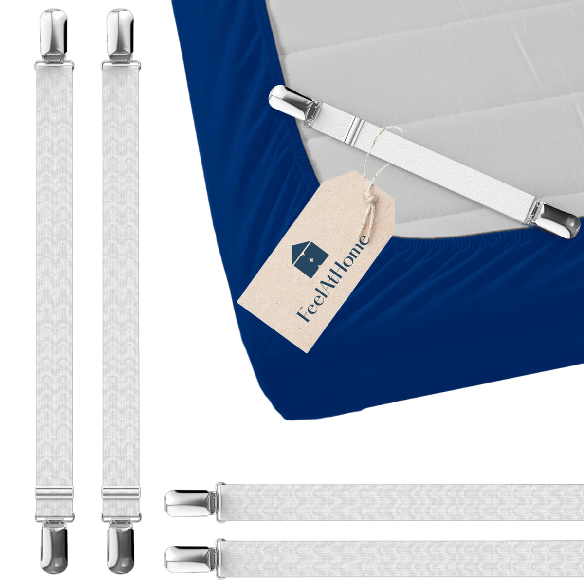 FeelAtHome Bed Sheet Clips 4PCS - Mattress Holder Straps, Elastic Corner Bands with Clamps, Fit Twin/Queen/King Sheets