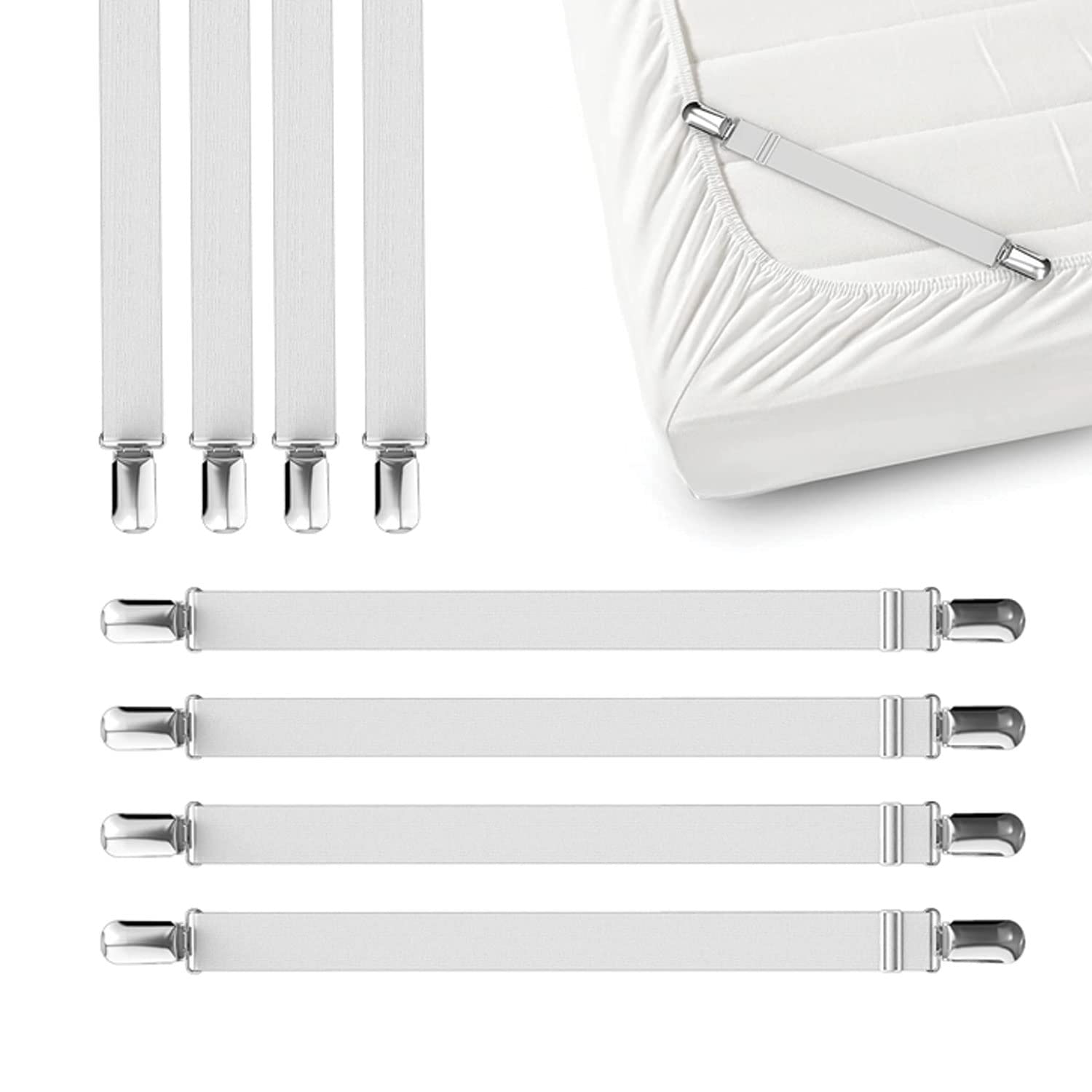 FeelAtHome Bed Sheet Clips 4PCS - Mattress Holder Straps, Elastic Corner Bands with Clamps, Fit Twin/Queen/King Sheets