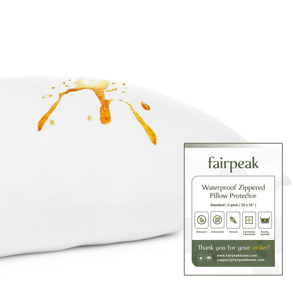 Fairpeak Waterproof Pillow Protector, Standard, Hidden Zipper, TPU Coating, Oeko-TEX Polyester, Machine Washable