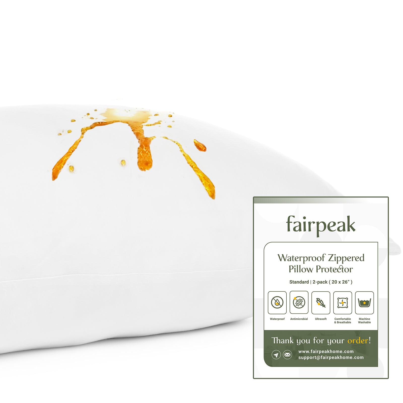 Fairpeak Waterproof Pillow Protector, Standard, Hidden Zipper, TPU Coating, Oeko-TEX Polyester, Machine Washable