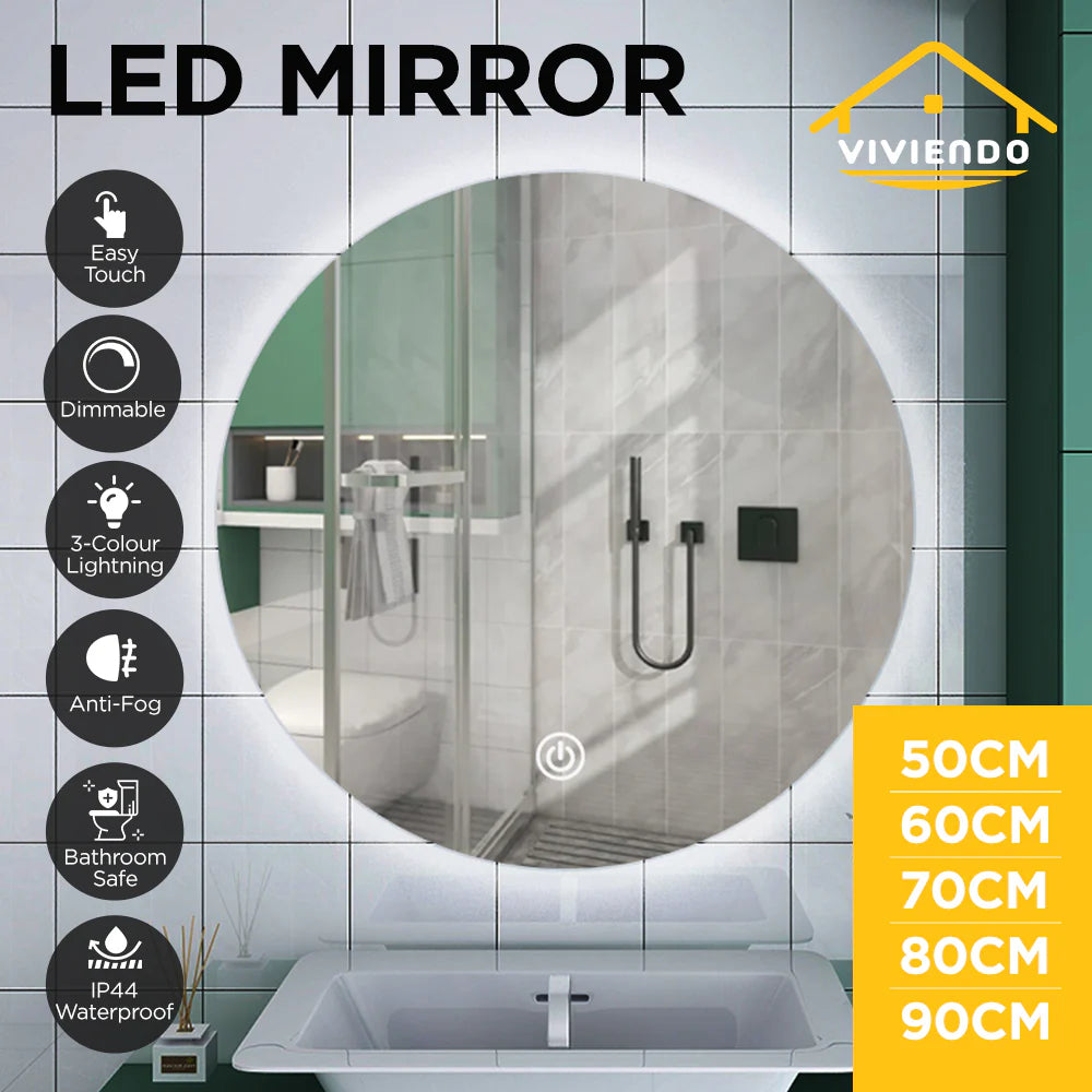 Viviendo Round LED Mirror Anti-Fog Wall Mounted Bathroom Vanity Dimmable LED Light with Touch Switch