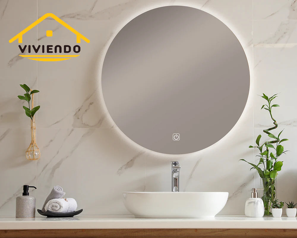 Viviendo Round LED Mirror Anti-Fog Wall Mounted Bathroom Vanity Dimmable LED Light with Touch Switch