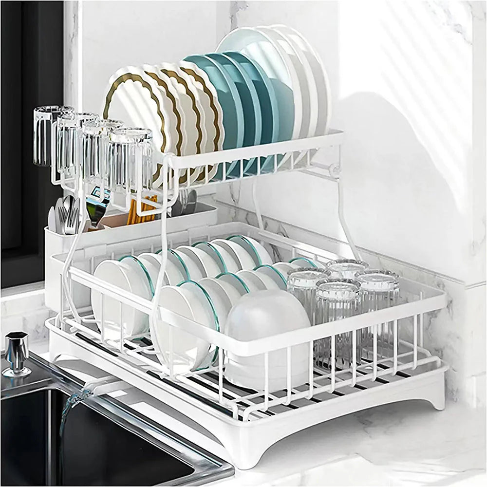 2 tier Dish Drainer Kitchen Counter Dish Rack with Cutlery Holder, Drip Tray