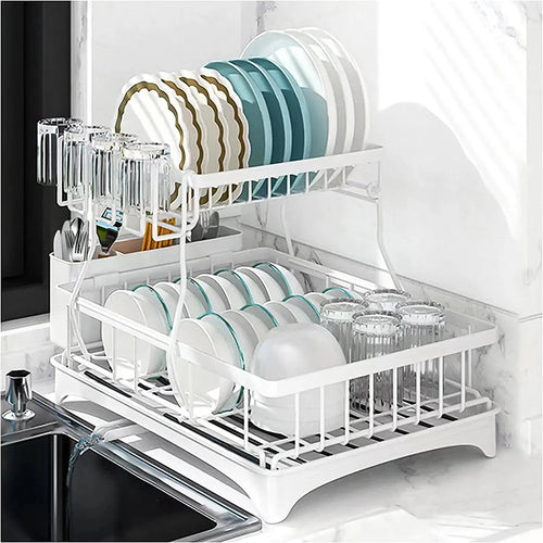 Adivo 2 tier Dish Drainer Kitchen Counter Dish Rack with Cutlery Holder, Drip Tray