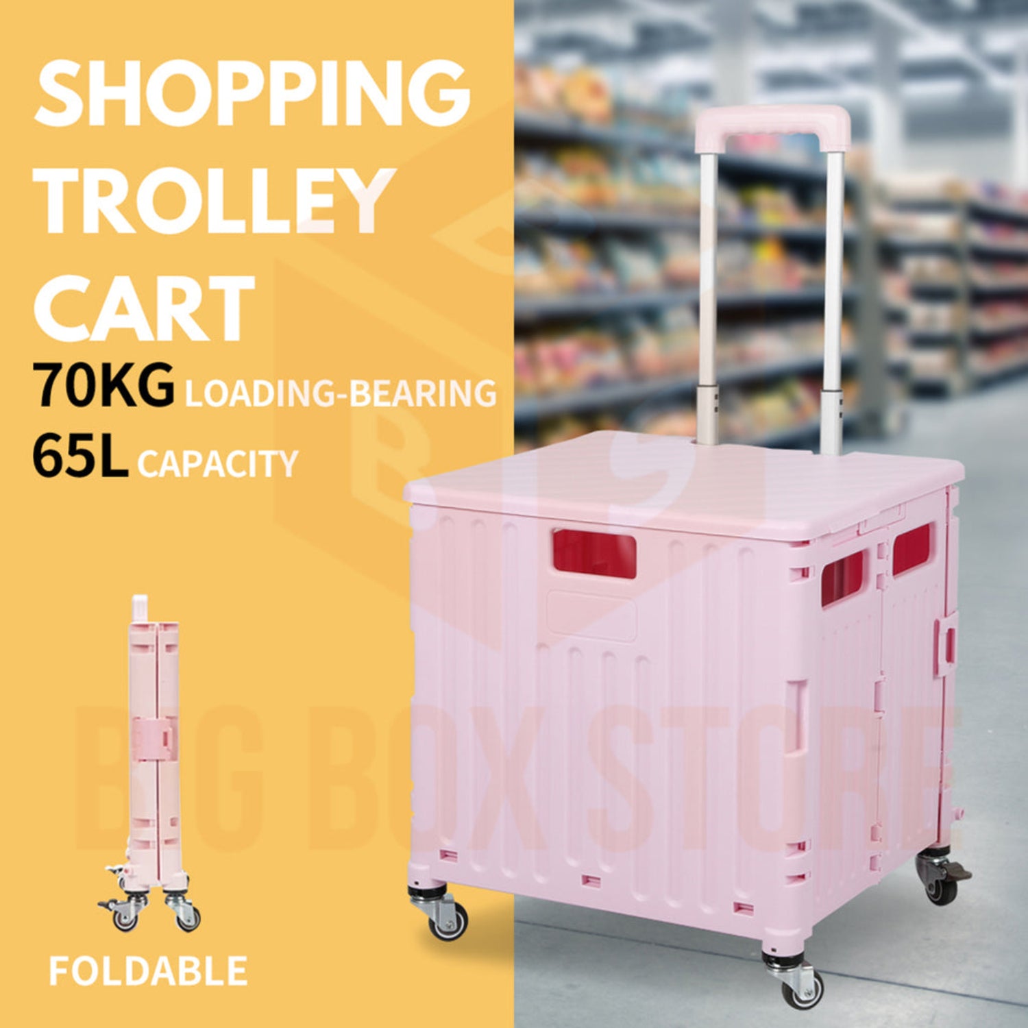 Viviendo 65L Foldable Shopping Trolley Cart Portable Grocery Basket Rolling Wheel with Top Cover