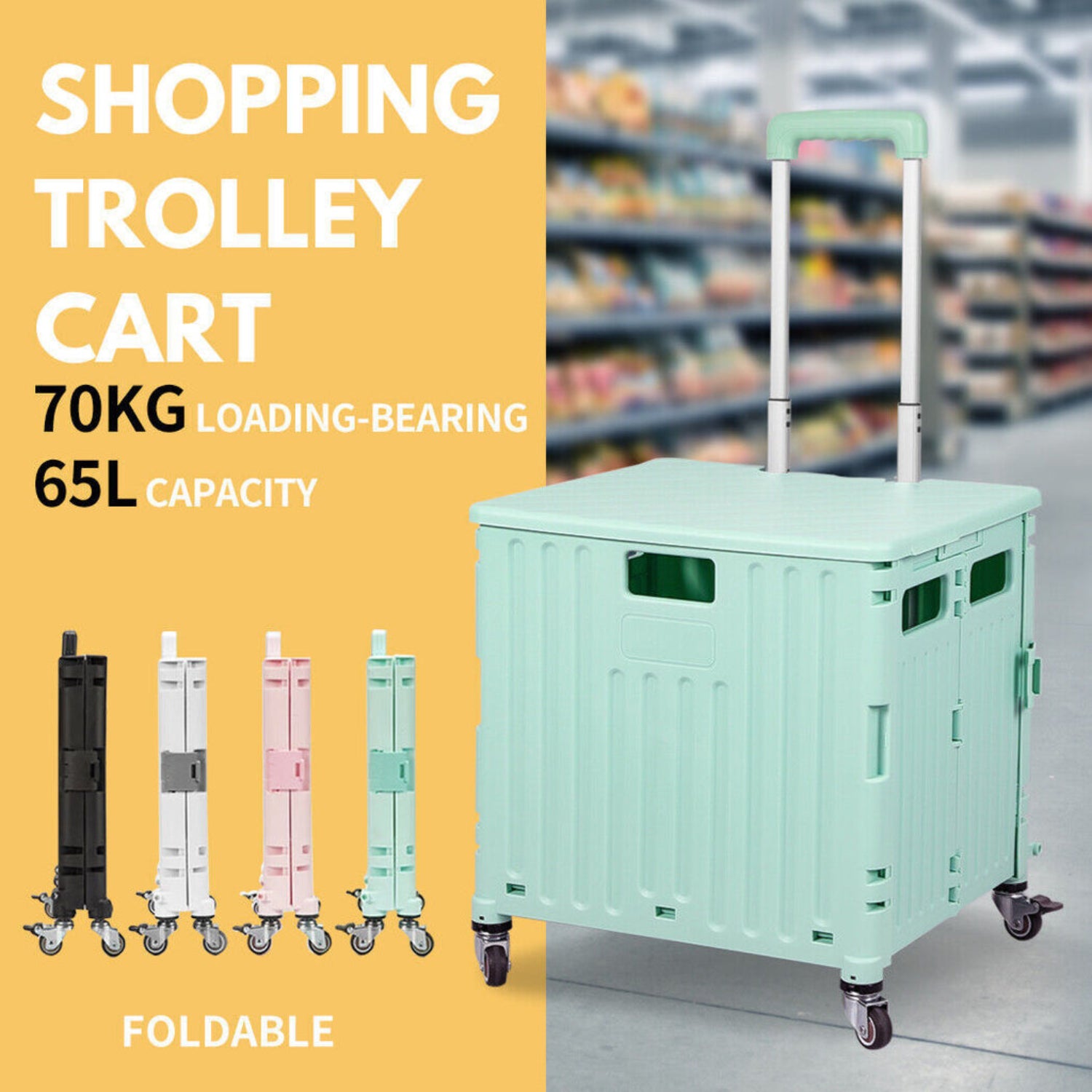 Viviendo 65L Foldable Shopping Trolley Cart Portable Grocery Basket Rolling Wheel with Top Cover