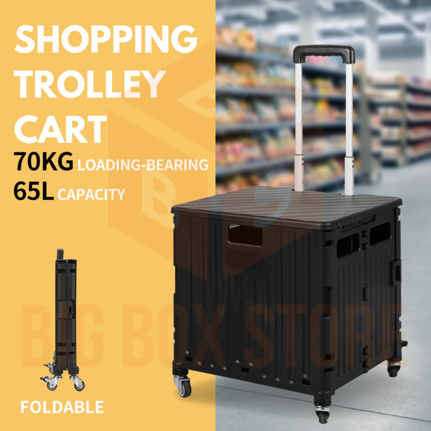 Viviendo 65L Foldable Shopping Trolley Cart Portable Grocery Basket Rolling Wheel with Top Cover