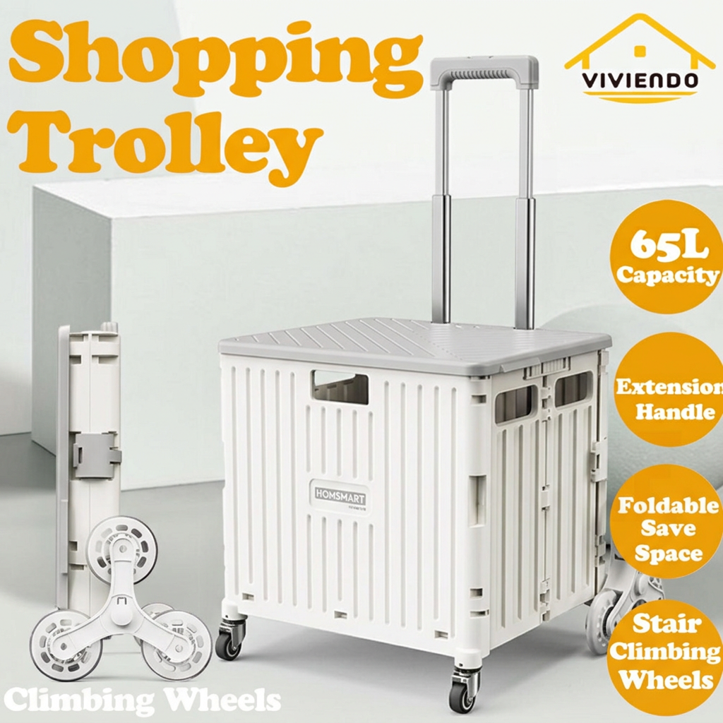 Viviendo 65L Foldable Shopping Trolley Cart Portable Grocery Basket Climbing Wheel with Top Cover