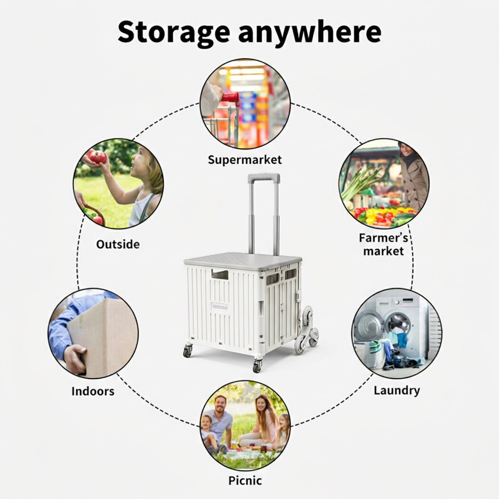 Viviendo 65L Foldable Shopping Trolley Cart Portable Grocery Basket Climbing Wheel with Top Cover